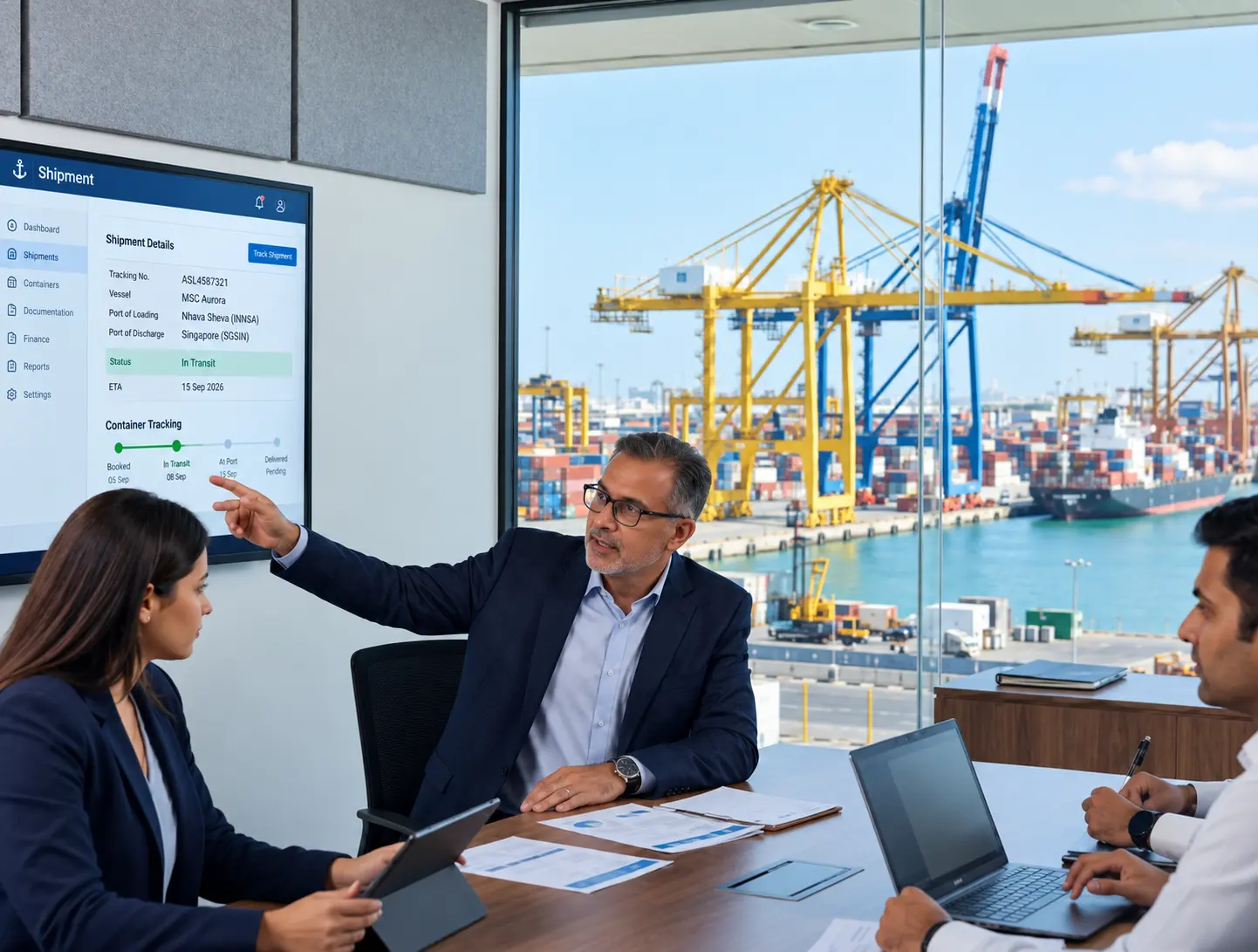 International customs and maritime trade consultants reviewing digital manifests in boardroom